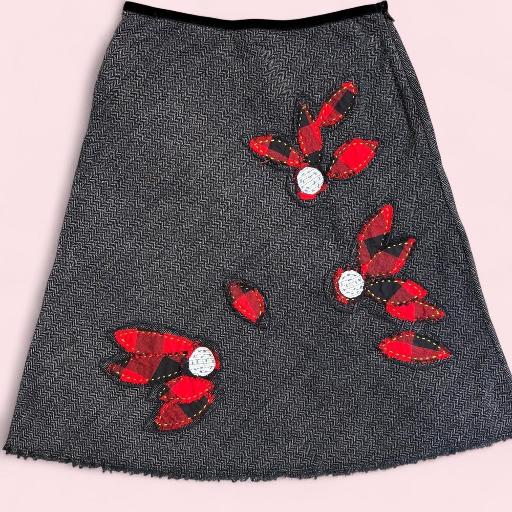 Free People VTG Y2K Black Gray Herringbone size 4 Buffalo Plaid Skirt A-Line